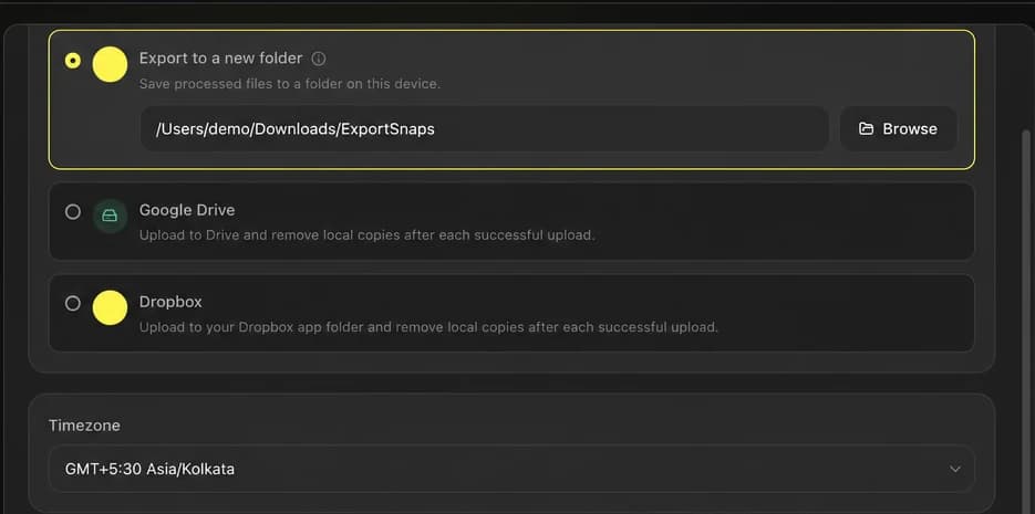 FixMyExport settings showing Google Drive and Dropbox as direct cloud destinations