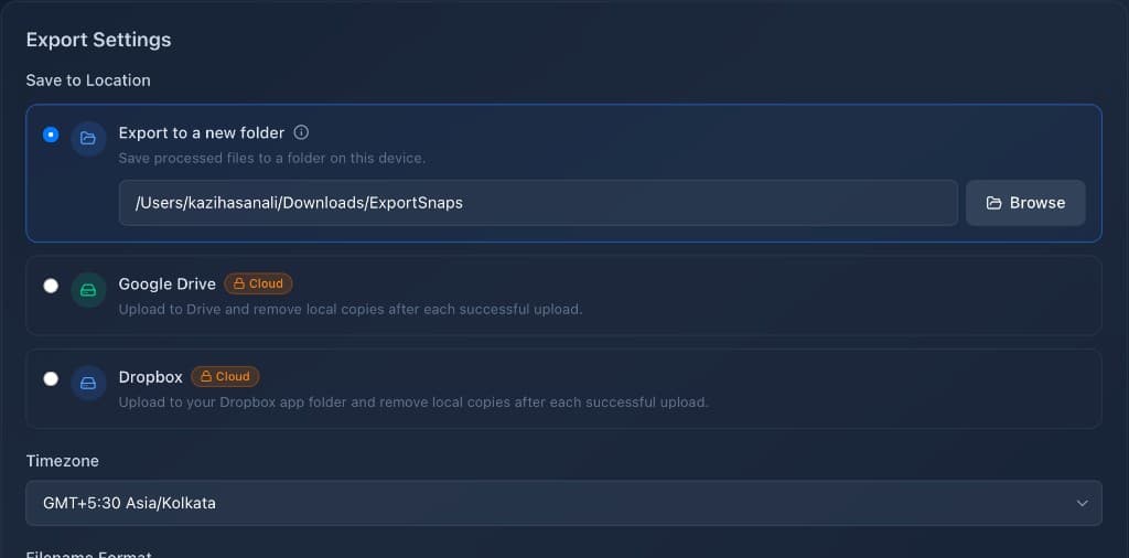 FixMyExport-Exporteinstellungen mit Google Drive und Dropbox als Cloud-Upload-Ziele