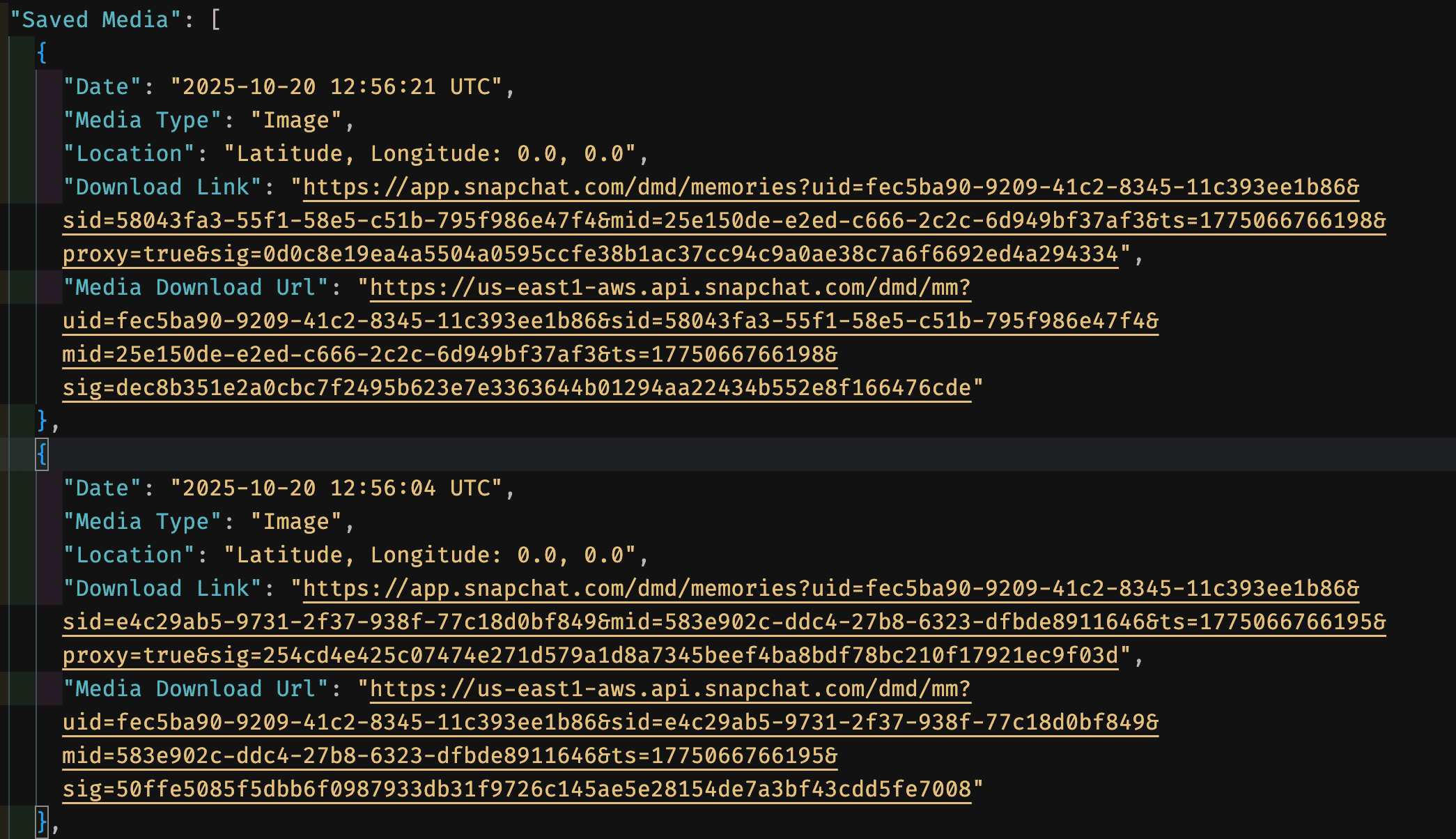 Example of memories_history.json with Download Link and Media Download Url fields populated